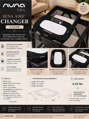 Nuna SENA Aire Changer Caviar Black Portable Baby Changing Station Attachment
